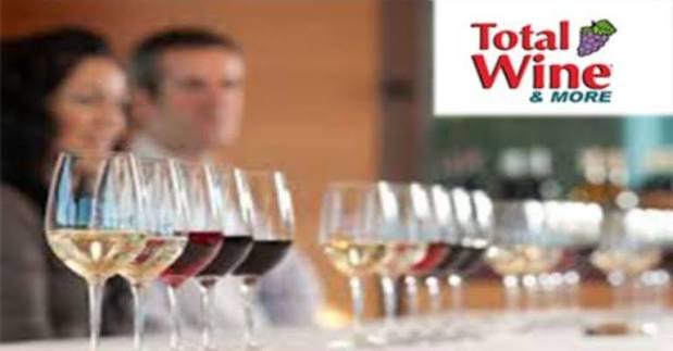 Rows of wine glasses at a Total Wine & More tasting